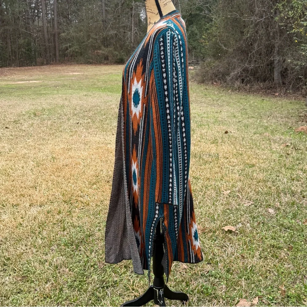 Open-Front Southwestern Pattern Long Cardigan Sweater - Teal, Rust, Cream - Picture 4 of 10